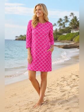 🏝️Capelton Road Coral Pink Shell Print Beach Dress Medium Coastal Resort🏝️
